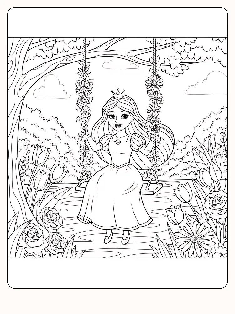 Fargeleggingstegning av prinsesse på huske omgitt av blomster, klar for nedlasting