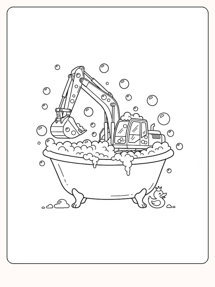 Ausmalbild eines Baggers in einer Badewanne mit Seifenblasen, bereit zum Ausdrucken.