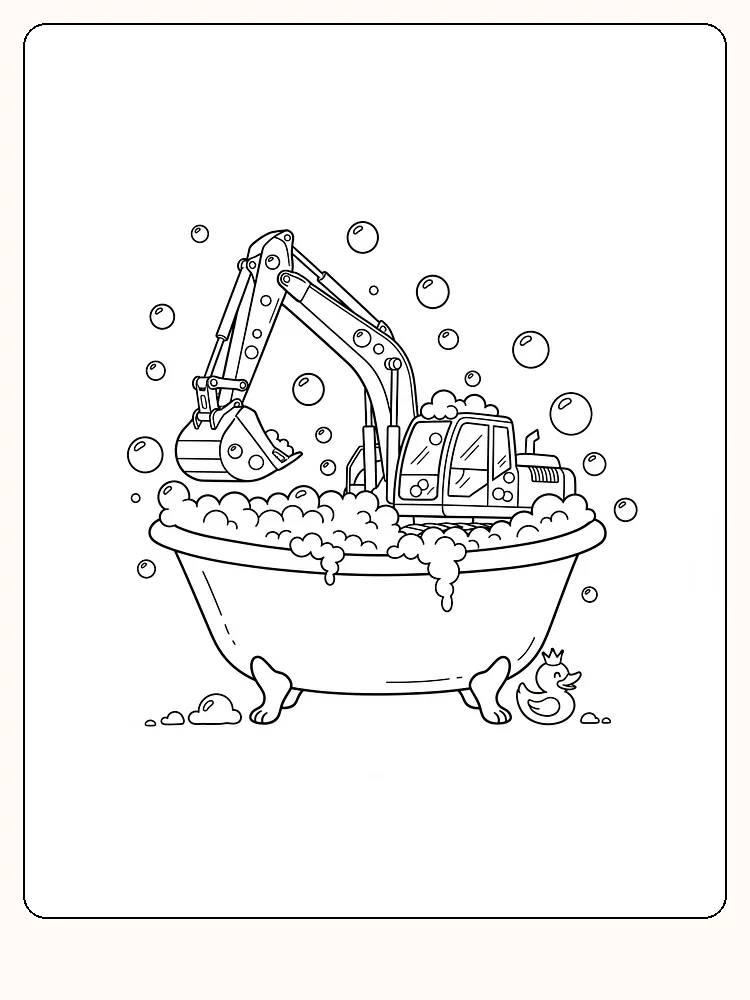 Ausmalbild eines Baggers in einer Badewanne mit Seifenblasen, bereit zum Ausdrucken.