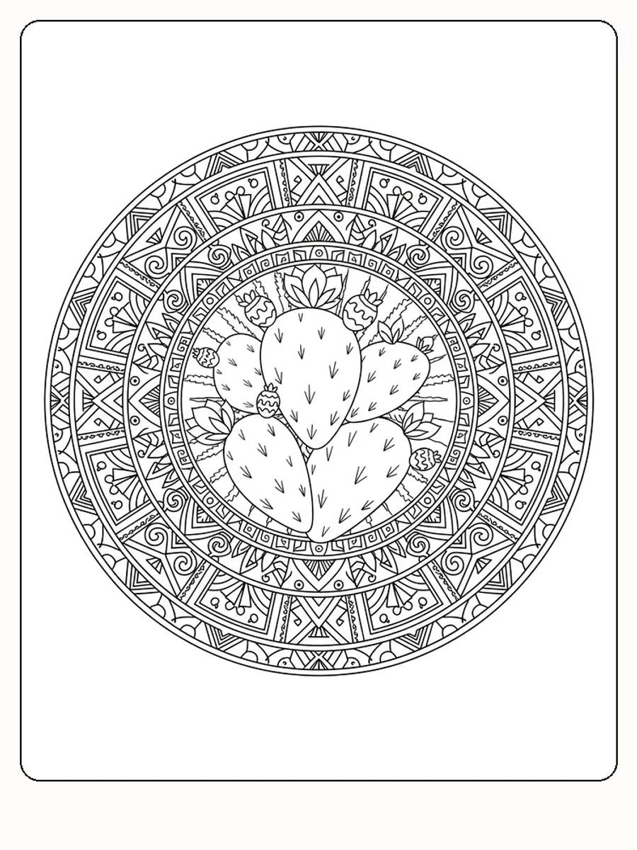 Detaillierte Mandala mit Kaktusmotiv zum Ausdrucken und Ausmalen