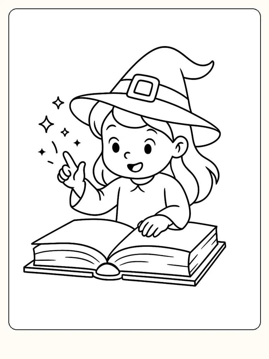 Ausmalbild einer kleinen Hexe, die ein magisches Buch liest.