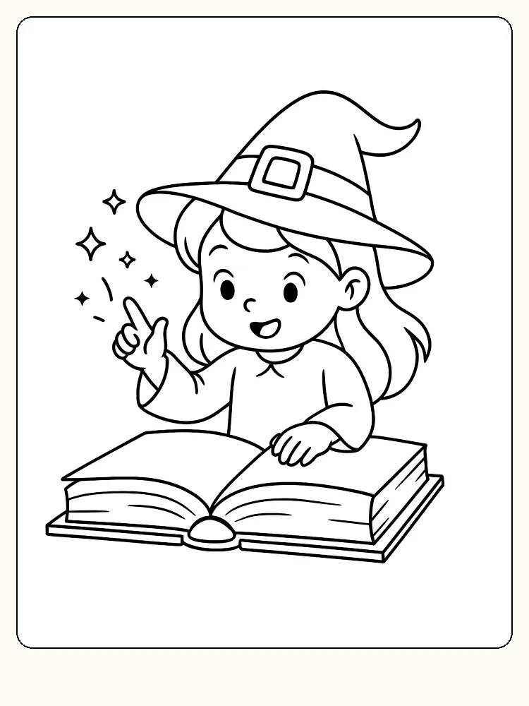Ausmalbild einer kleinen Hexe, die ein magisches Buch liest.