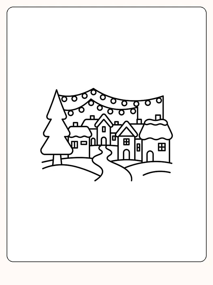 Tegning til farvelægning af et hyggeligt vinterlandskab med huse, sne og lys