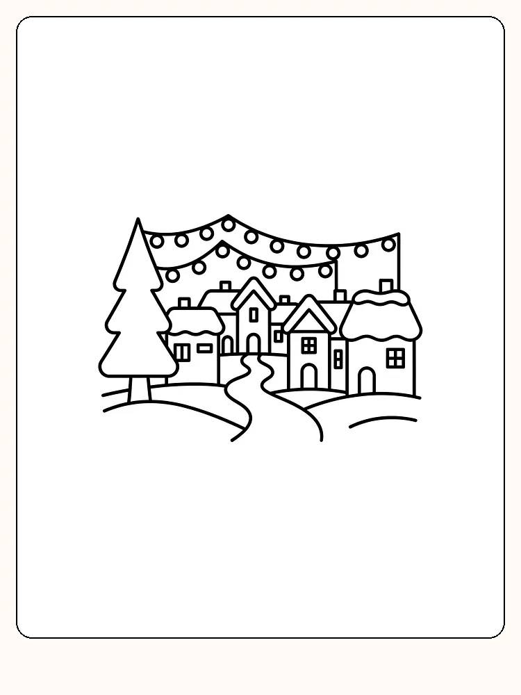 Tegning til farvelægning af et hyggeligt vinterlandskab med huse, sne og lys