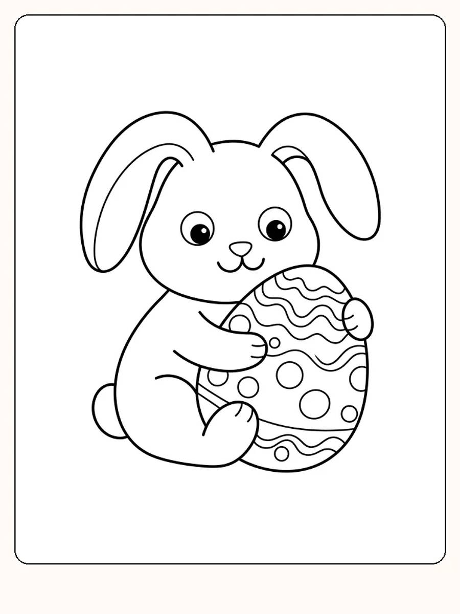 Lapin souriant, assis, qui serre un gros œuf de Pâques avec des lignes ondulées, des ronds et des points sur fond blanc