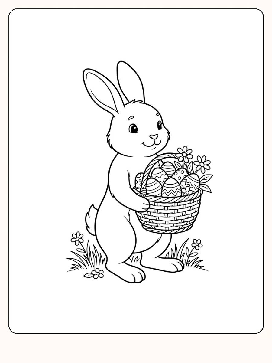 Lièvre de Pâques debout sur ses pattes arrière, tenant un grand panier tressé avec des œufs de Pâques décorés et des fleurs, avec des touffes d'herbe à ses pieds