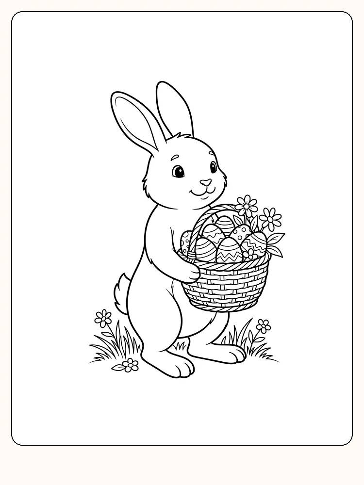 Lièvre de Pâques debout sur ses pattes arrière, tenant un grand panier tressé avec des œufs de Pâques décorés et des fleurs, avec des touffes d'herbe à ses pieds