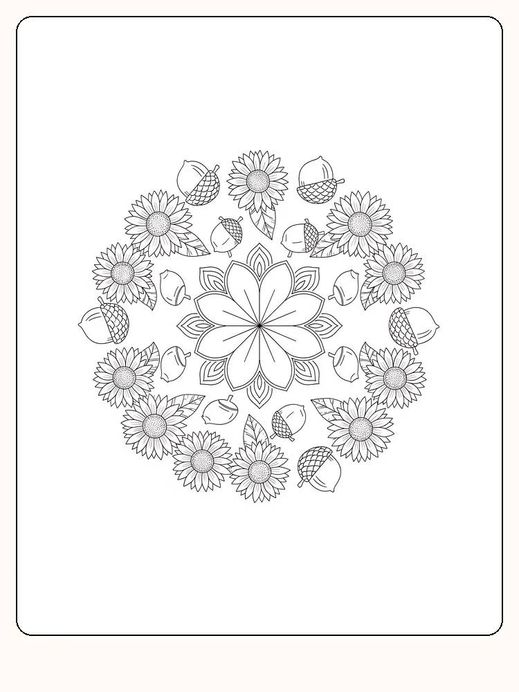 Fargeleggingsmandala med symmetriske blomster og eikenøtter, klar for utskrift