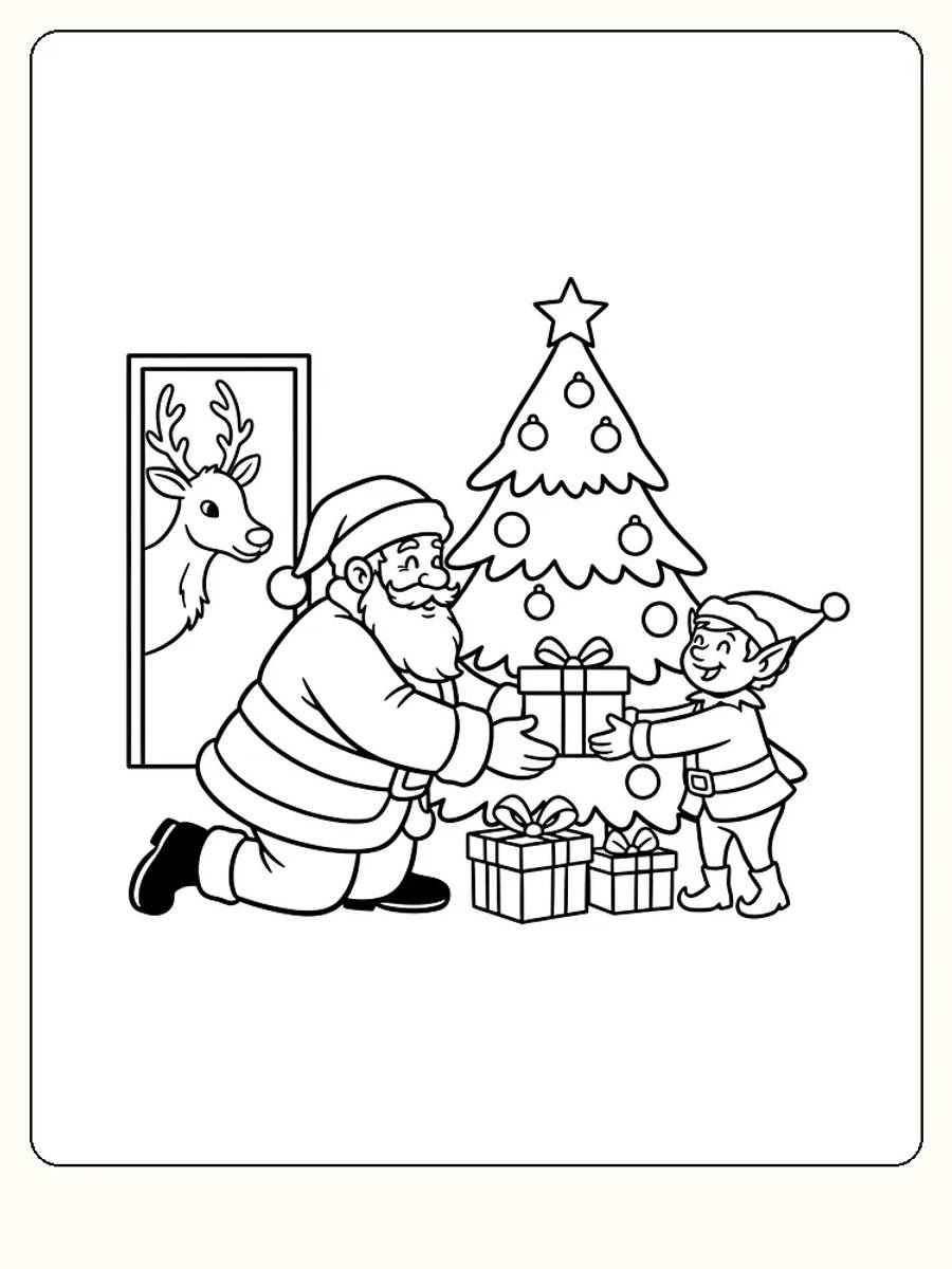 Fargeleggingstegning av julenisse som gir gave til en alv ved juletre, klar for utskrift