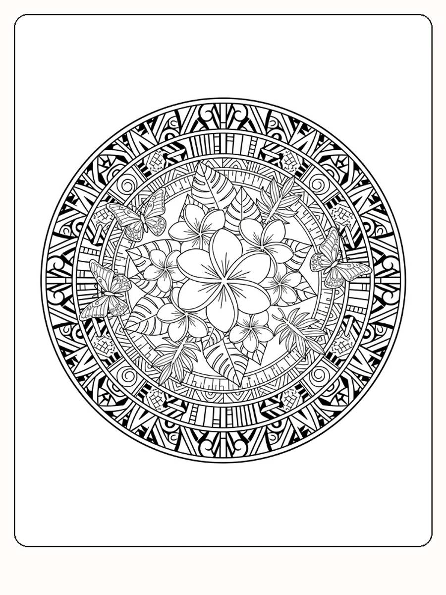 Detaillierte Mandala mit Blumen und Schmetterlingen zum Ausmalen