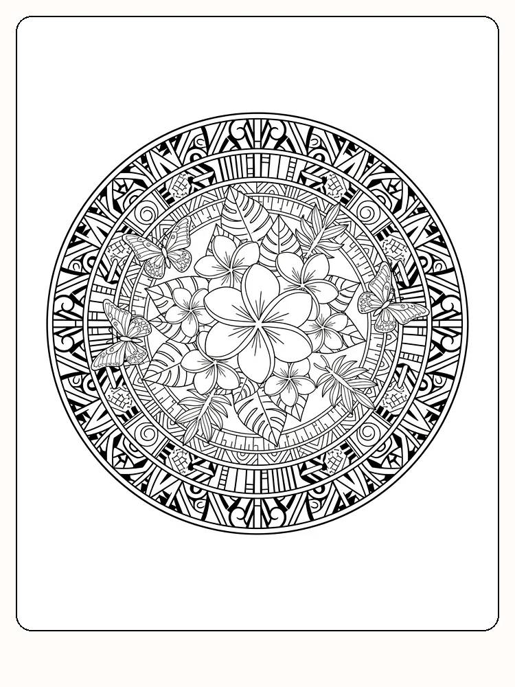 Detaillierte Mandala mit Blumen und Schmetterlingen zum Ausmalen