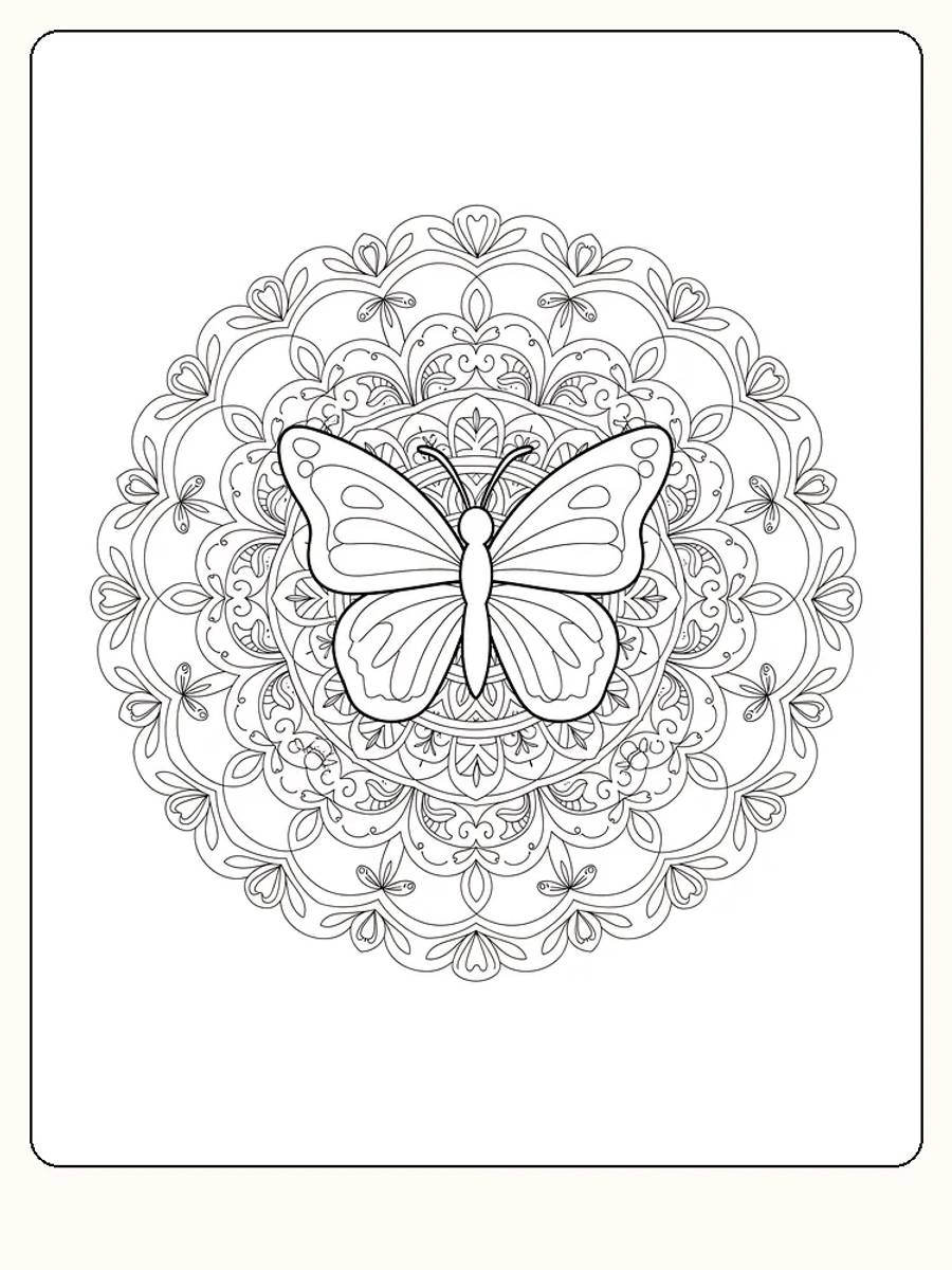 Fargeleggingstegning av sommerfugl i detaljert mandala-mønster, klar for utskrift