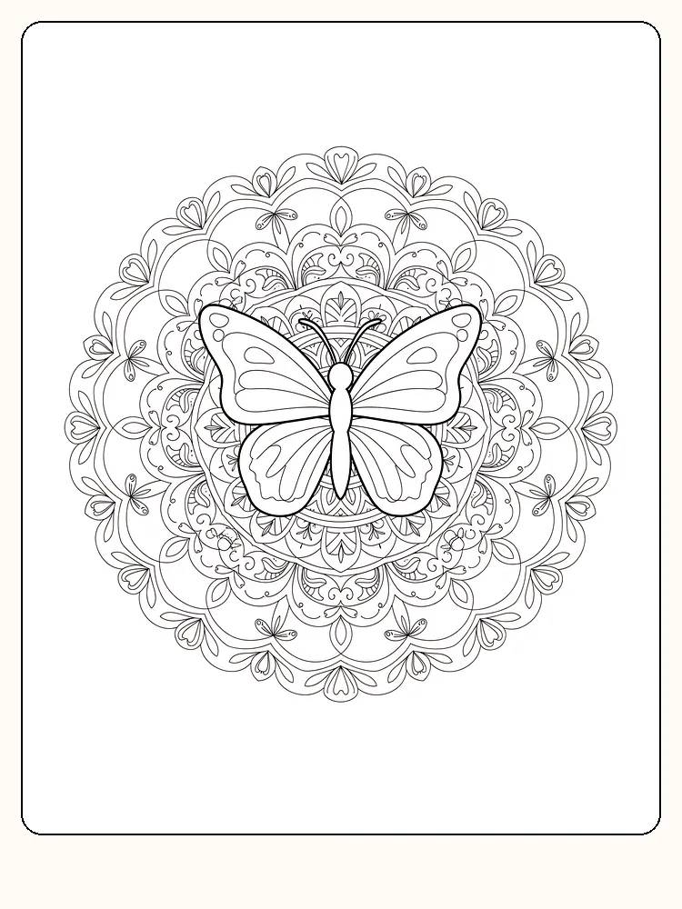 Fargeleggingstegning av sommerfugl i detaljert mandala-mønster, klar for utskrift