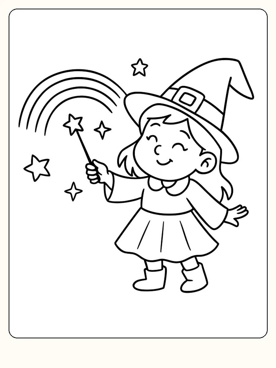 Ausmalbild einer kleinen Hexe mit einem Zauberstab und Sternen darum, bereit zum Ausdrucken.