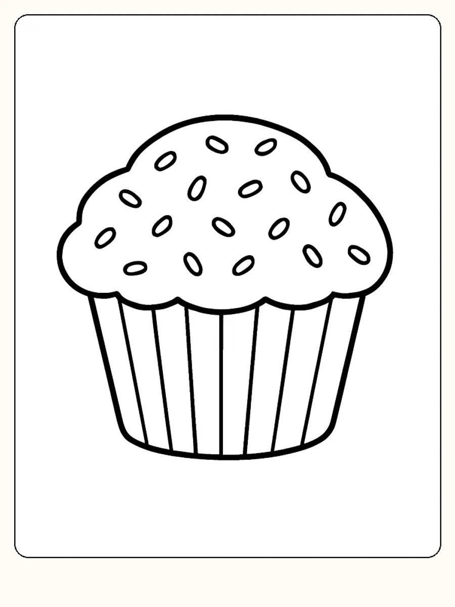Fargeleggingstegning av en muffins med strøssel, klar for utskrift