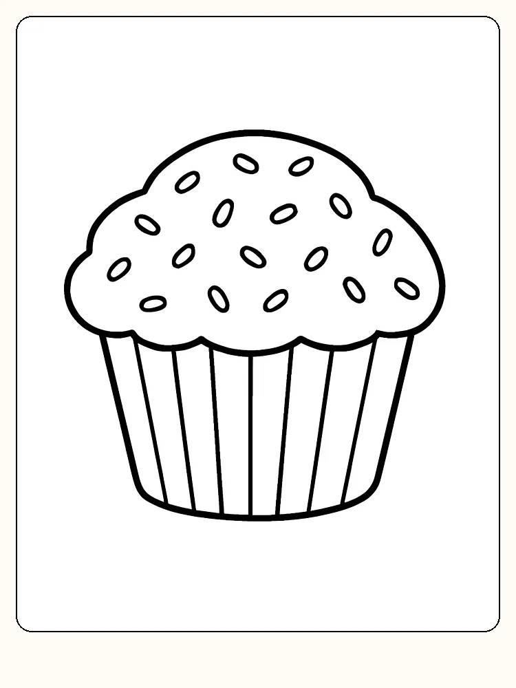 Fargeleggingstegning av en muffins med strøssel, klar for utskrift