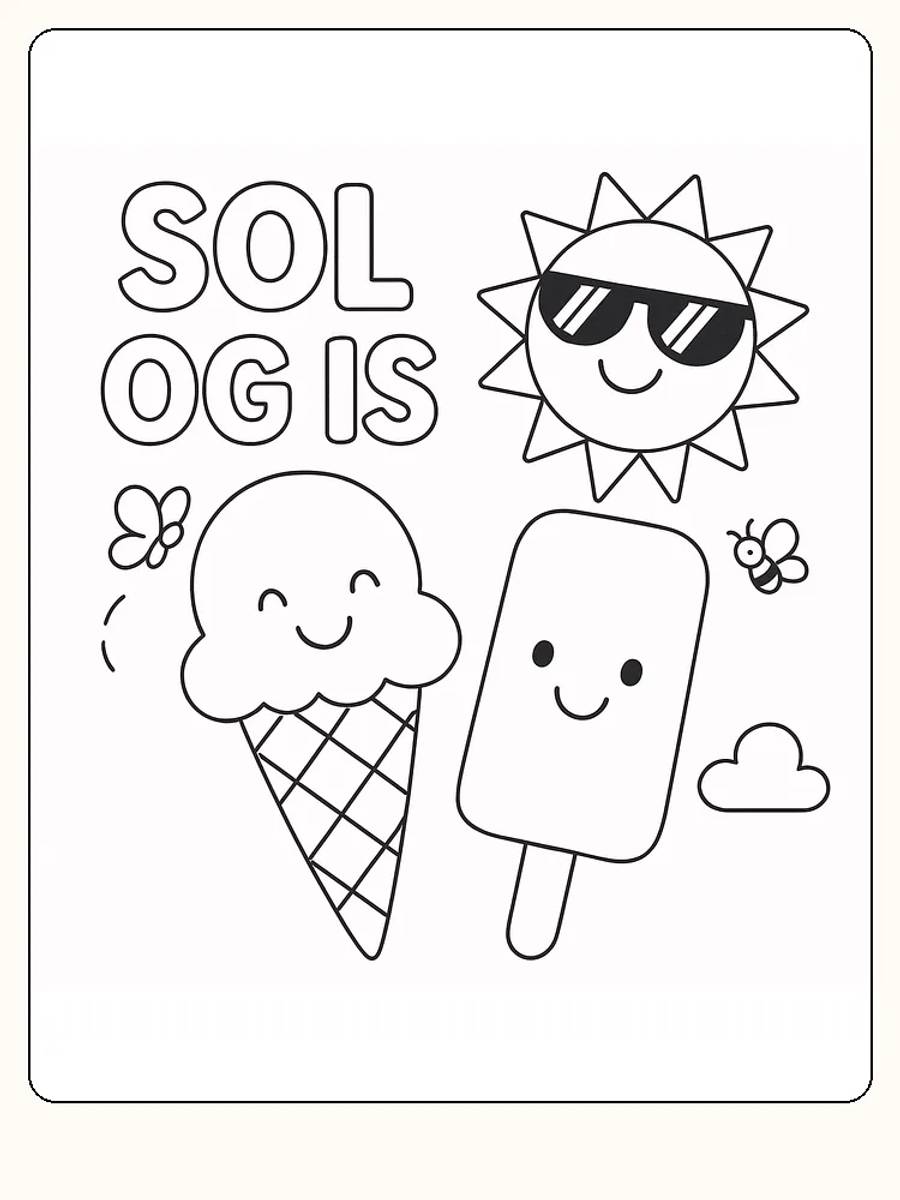 Søt tegning av sol og is med glade ansikter, klar for utskrift