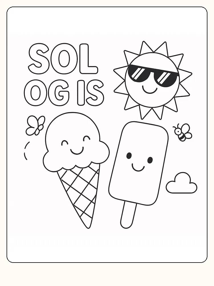 Søt tegning av sol og is med glade ansikter, klar for utskrift