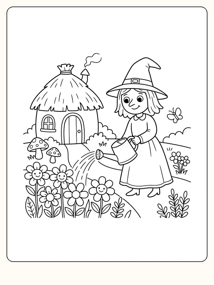 Smilende heks med spids hat vander store blomster i en have, med et lille hus, to fluesvampe og en sommerfugl
