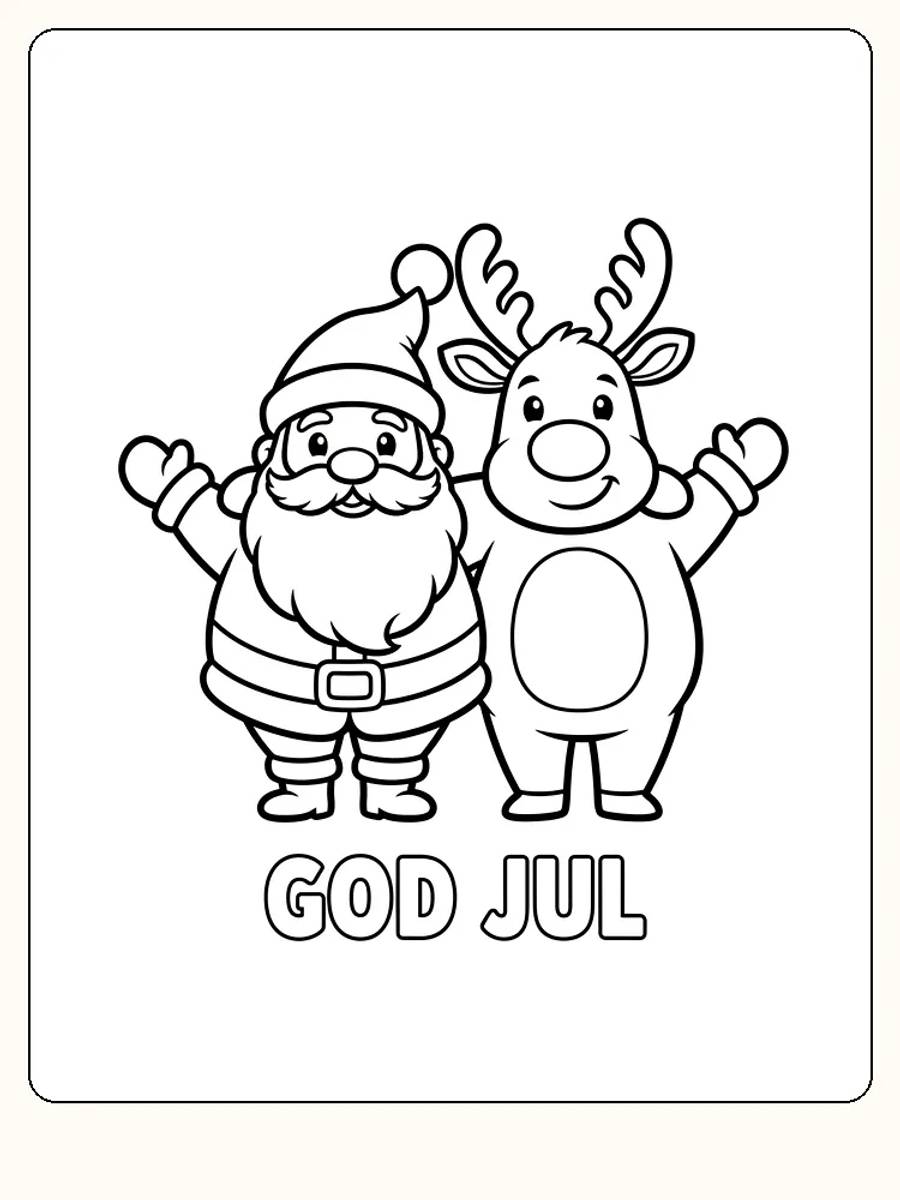 Fargeleggingsside med julenisse og reinsdyr under teksten 'GOD JUL', klar for utskrift