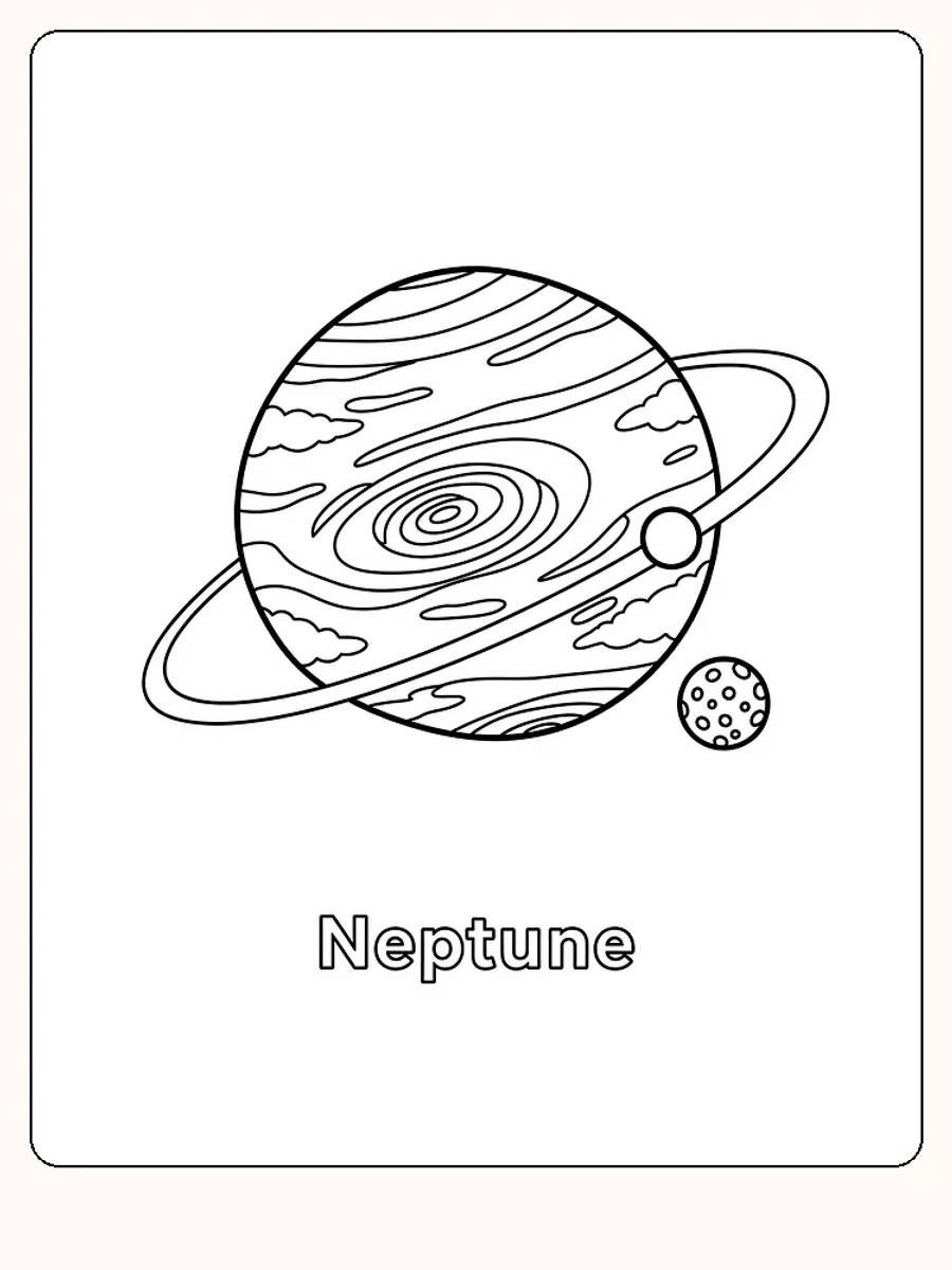 Fargeleggingsbilde av planeten Neptun med ringer og måne, klar for utskrift