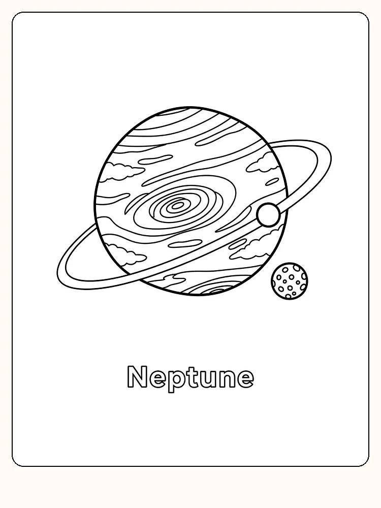 Fargeleggingsbilde av planeten Neptun med ringer og måne, klar for utskrift