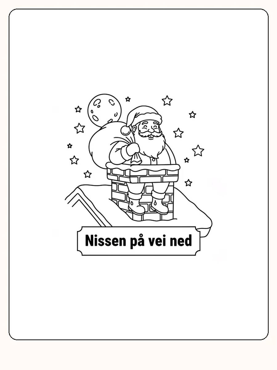 Tegning til farvelægning af en julemand på vej ned ad en skorsten med stjerner rundt om, klar til print