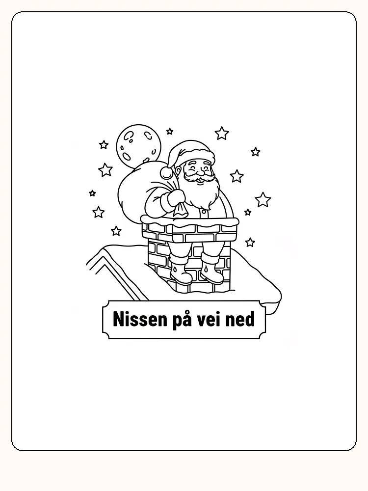 Tegning til farvelægning af en julemand på vej ned ad en skorsten med stjerner rundt om, klar til print
