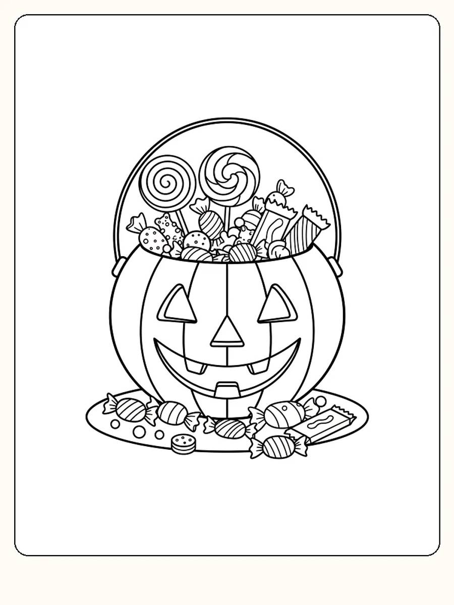 Tegning til farvelægning af et halloweengræskar fyldt med slik, klar til print