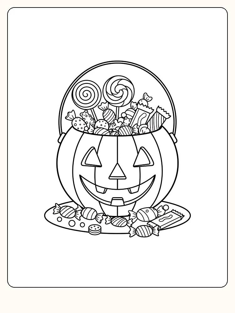 Tegning til farvelægning af et halloweengræskar fyldt med slik, klar til print