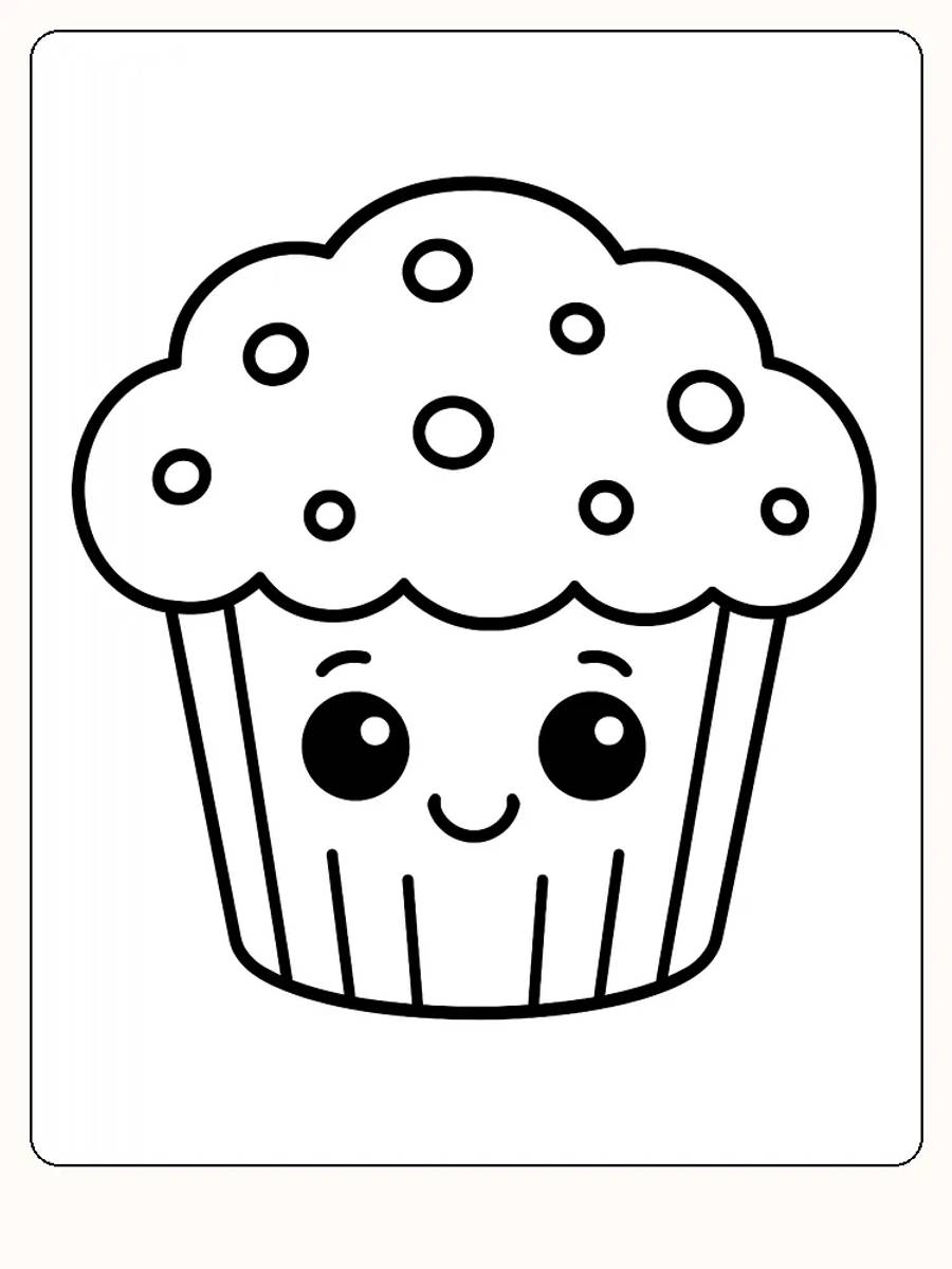 Fargeleggingstegning av en muffins med smilende ansikt og prikker, klar for utskrift