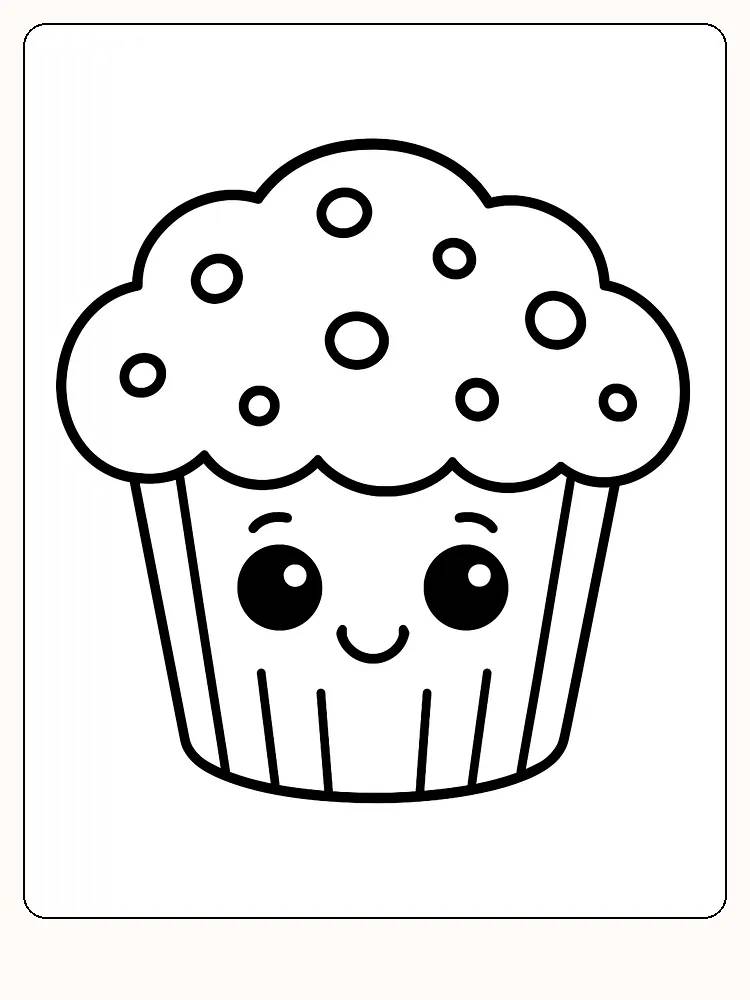 Fargeleggingstegning av en muffins med smilende ansikt og prikker, klar for utskrift