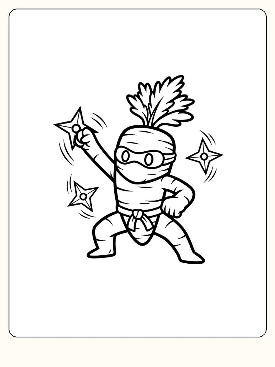 Tegning til farvelægning af en ninja-gulerod, der kaster kastestjerner, klar til download