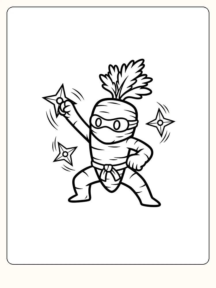 Tegning til farvelægning af en ninja-gulerod, der kaster kastestjerner, klar til download