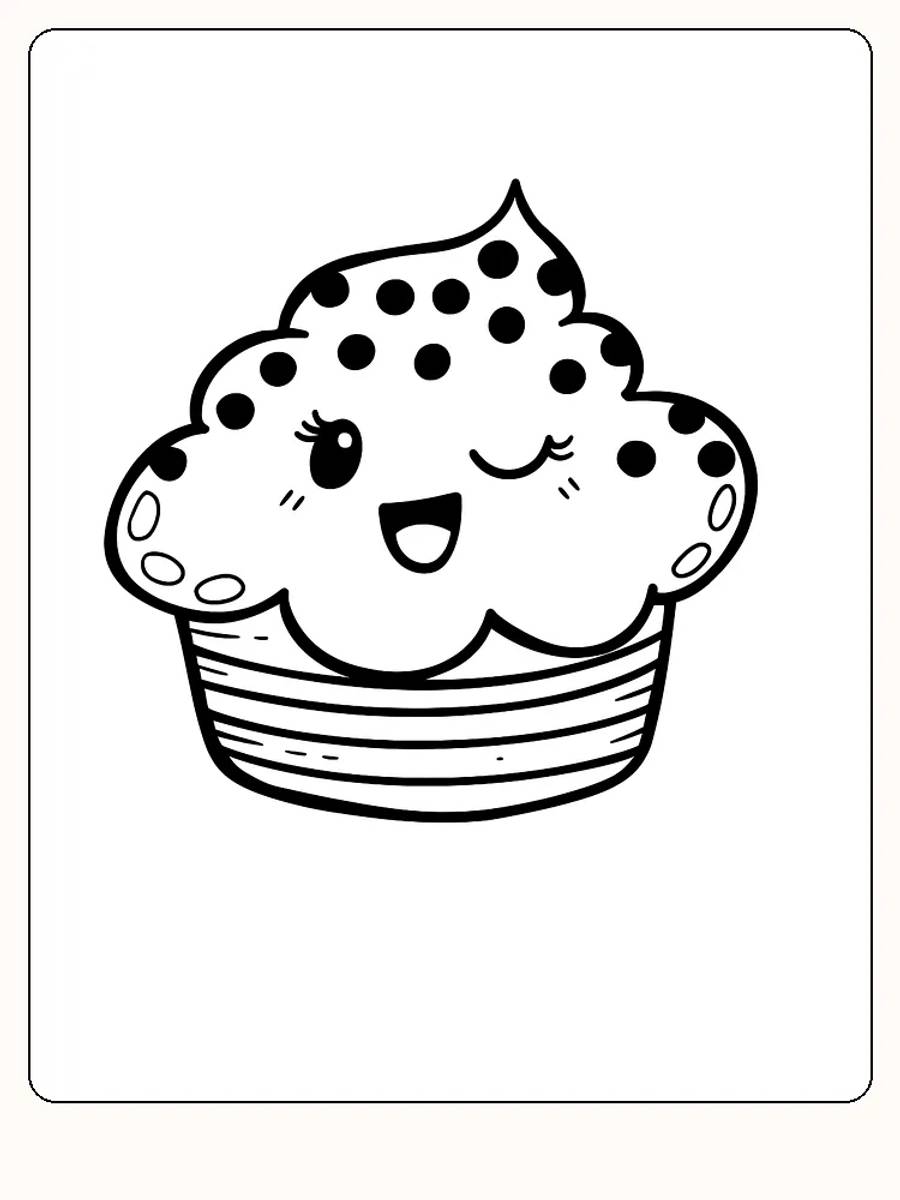 Fargeleggingstegning av en søt cupcake med øyenvipp og smil, klar for utskrift