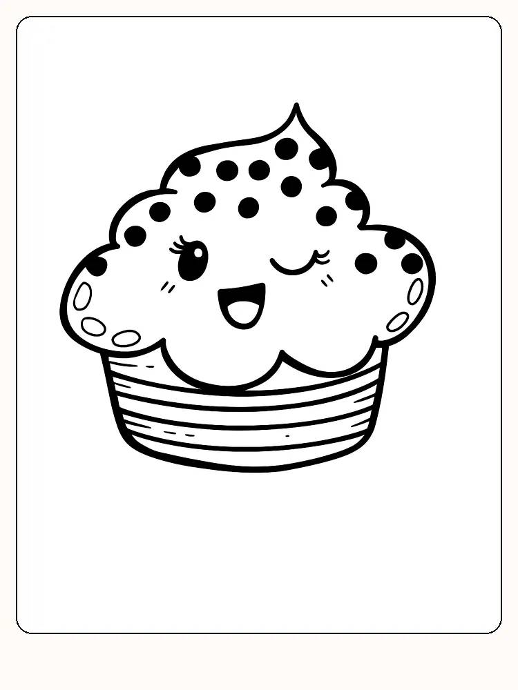 Fargeleggingstegning av en søt cupcake med øyenvipp og smil, klar for utskrift