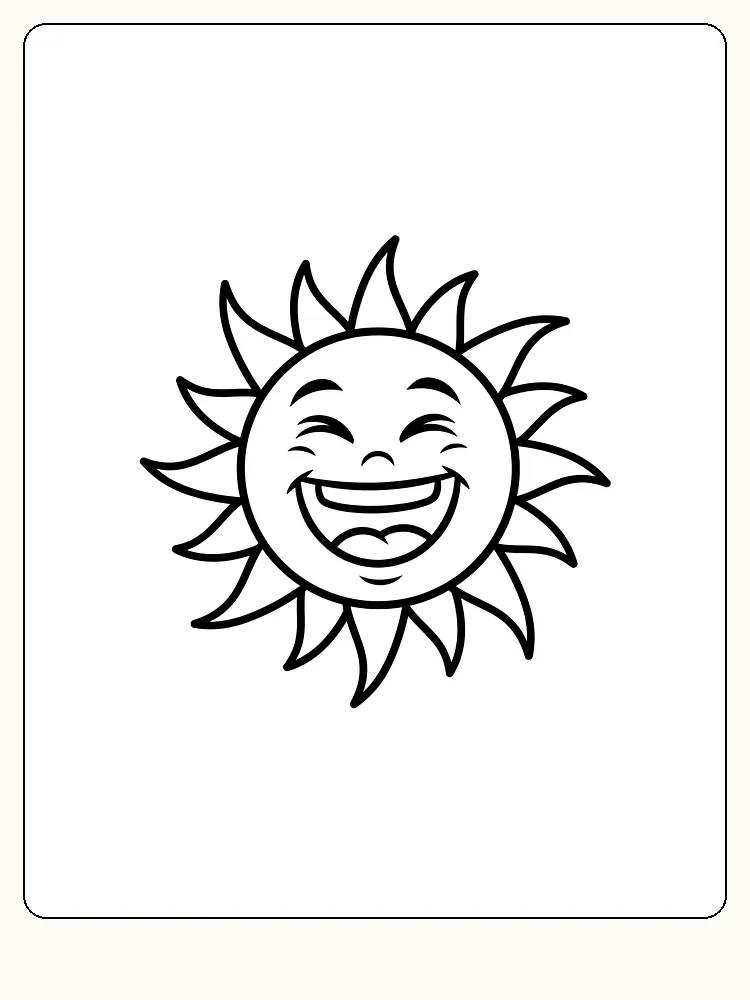 Fargeleggingsbilde av en glad sol med brede stråler, klar for utskrift