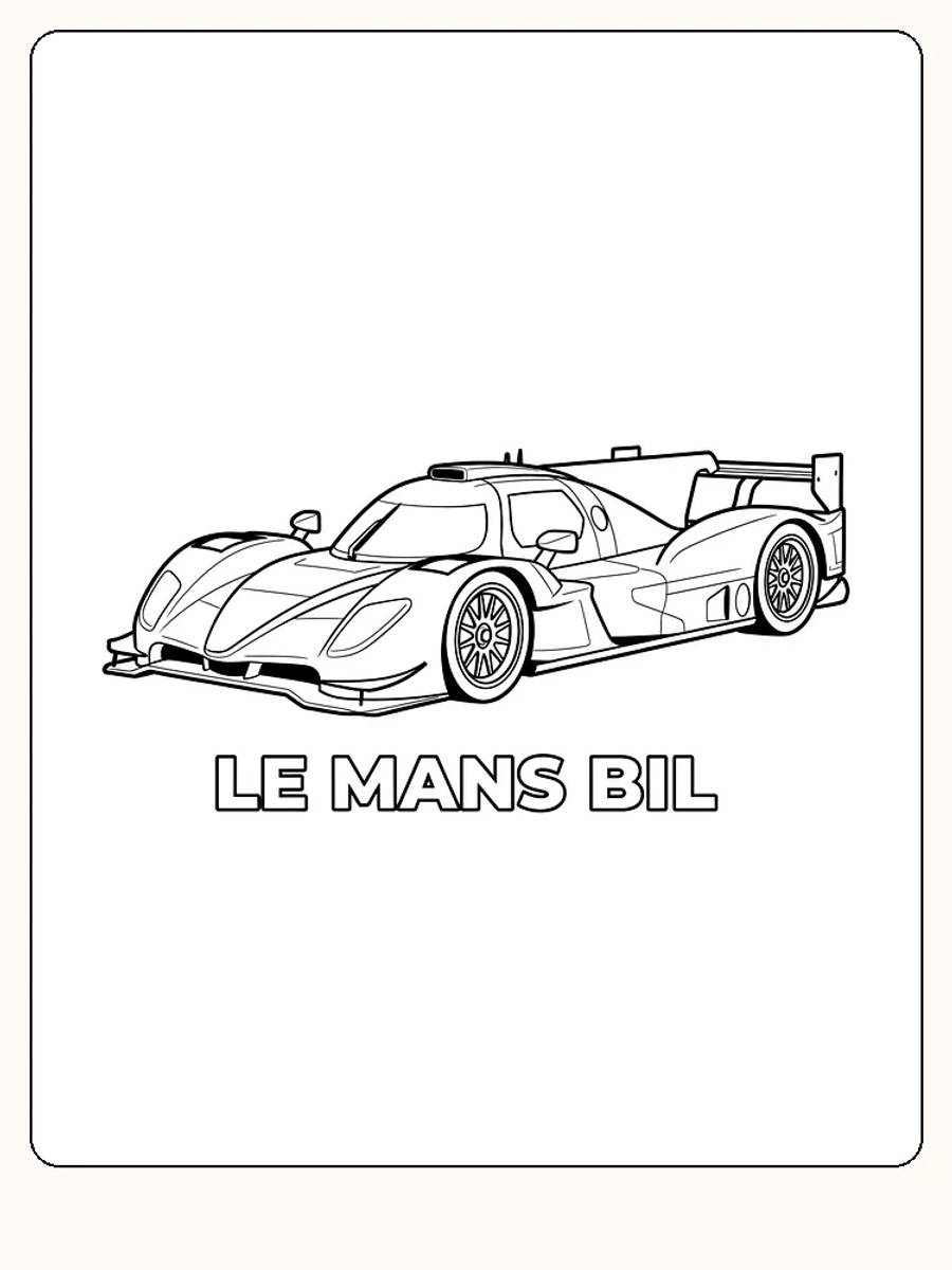 Detaljeret tegning af Le Mans-bil, klar til farvelægning og print