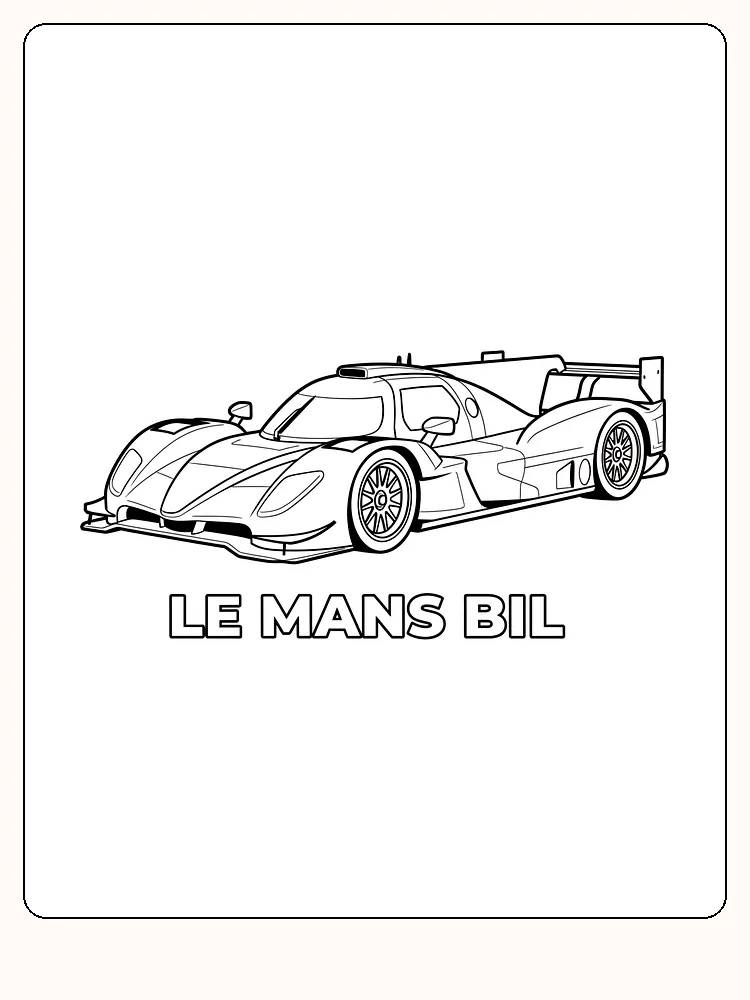 Detaljeret tegning af Le Mans-bil, klar til farvelægning og print