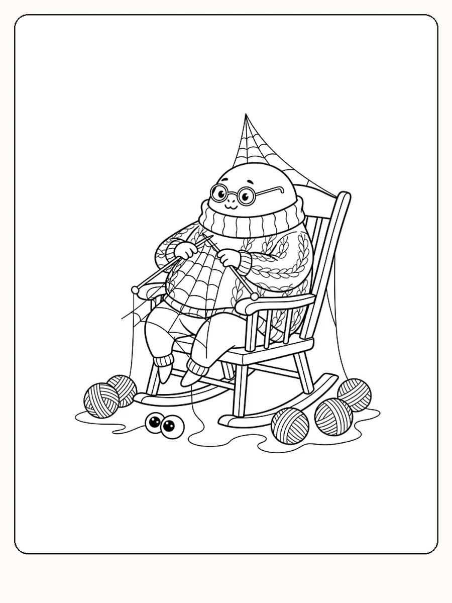 Tegning til farvelægning af en edderkop, der strikker i gyngestol, omgivet af garnnøgler, klar til print