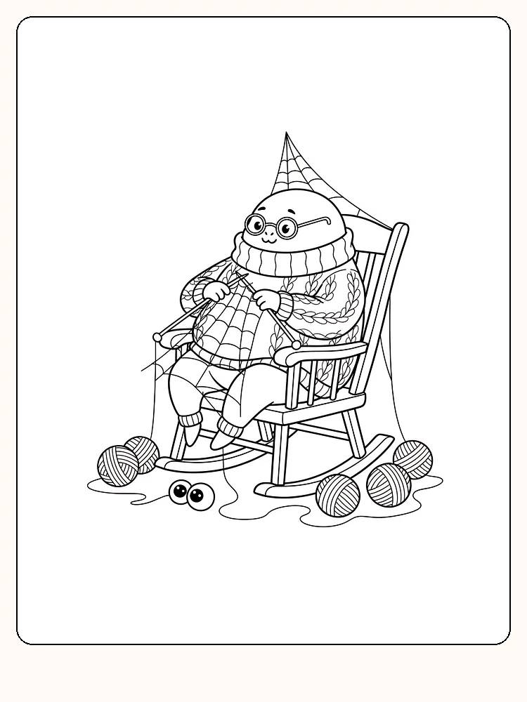 Tegning til farvelægning af en edderkop, der strikker i gyngestol, omgivet af garnnøgler, klar til print