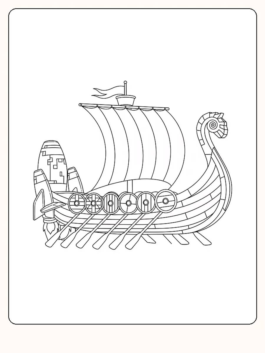 Detaljerad målarbild av ett vikingaskepp med segel och sköld, redo för måla.