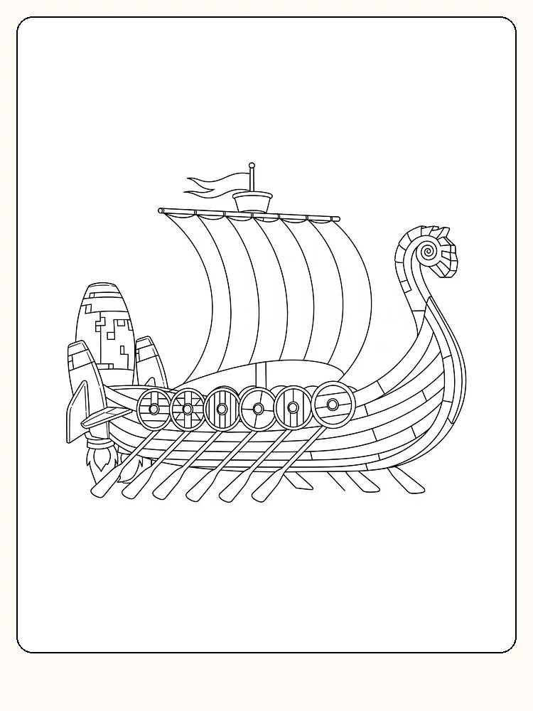 Detaljerad målarbild av ett vikingaskepp med segel och sköld, redo för måla.
