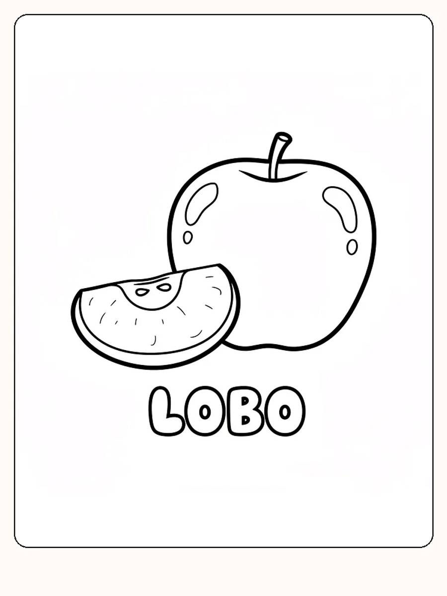 Tegning til farvelægning af et helt æble og en skive æble, med teksten 'LOBO', klar til print