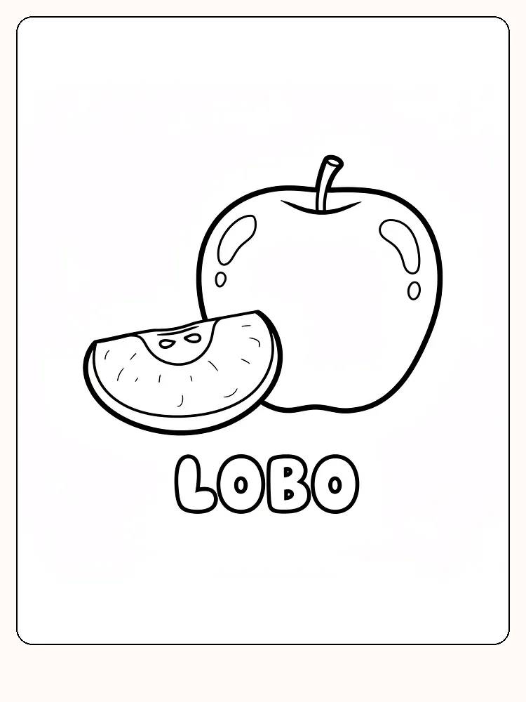 Tegning til farvelægning af et helt æble og en skive æble, med teksten 'LOBO', klar til print