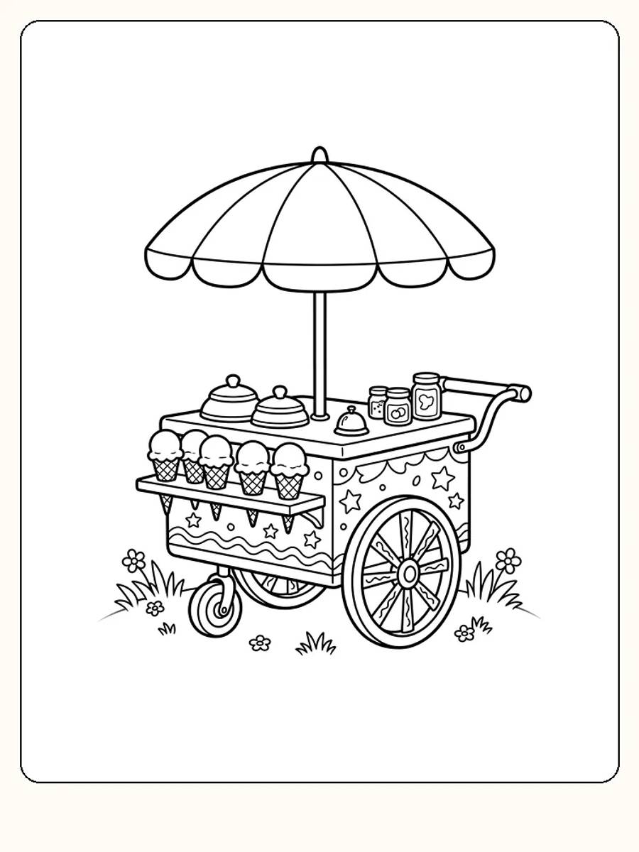 Charrette à glaces sur une pelouse, avec un grand parasol, cinq cornets de glace sur l'étagère, des roues et une poignée arrondie