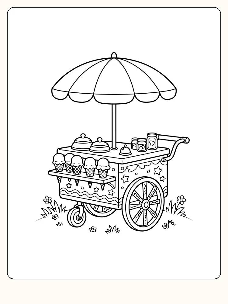 Charrette à glaces sur une pelouse, avec un grand parasol, cinq cornets de glace sur l'étagère, des roues et une poignée arrondie