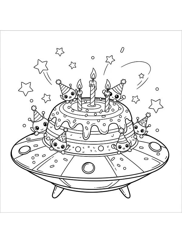 Romskip med bursdagskake og aliens