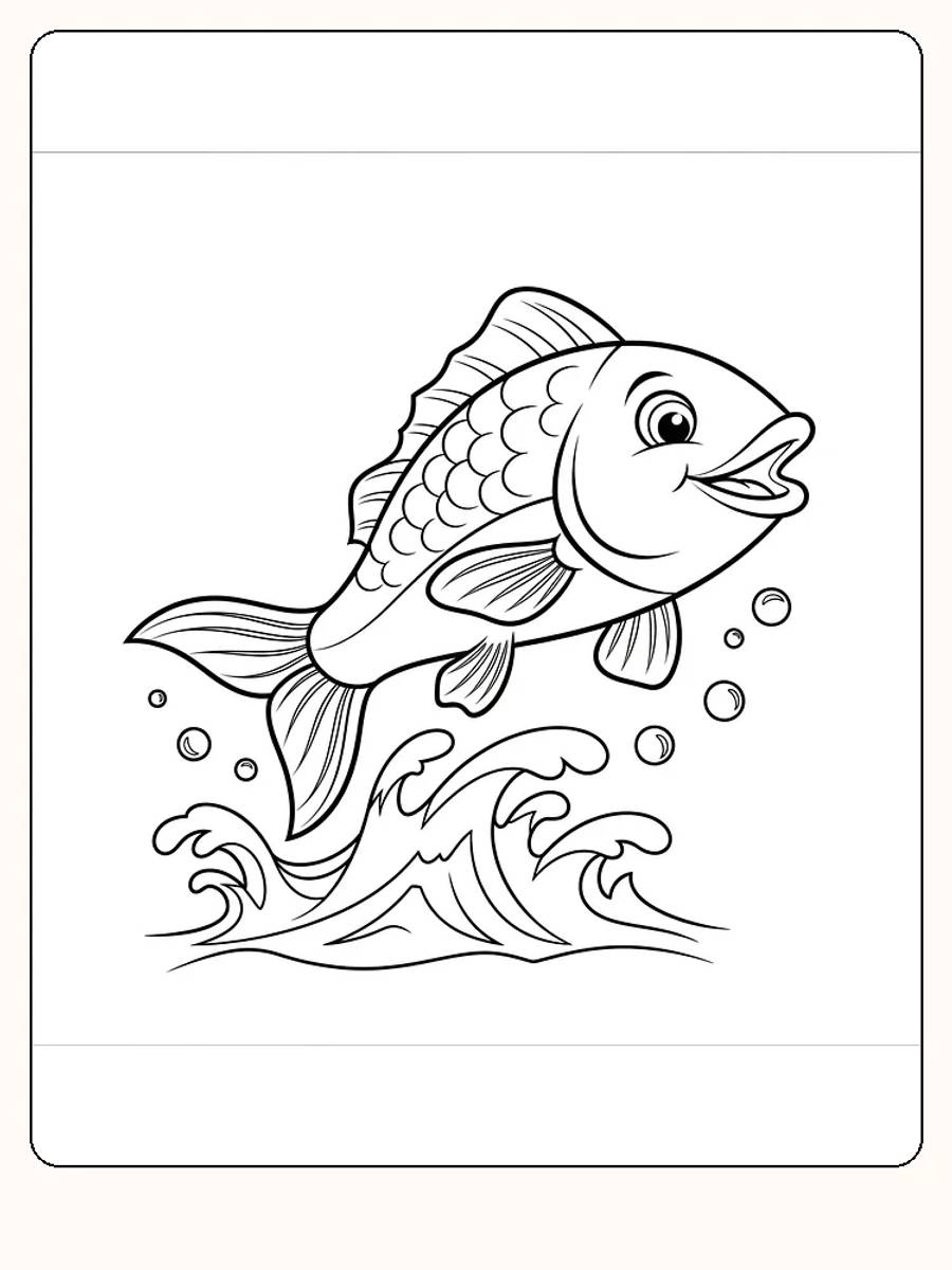 Tegning til farvelægning af en glad fisk, der hopper over bølger, perfekt til udskrift og sjov