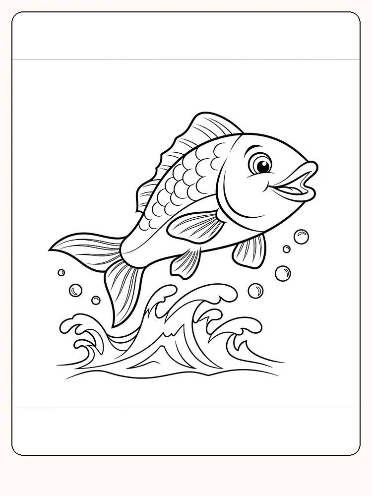 Tegning til farvelægning af en glad fisk, der hopper over bølger, perfekt til udskrift og sjov